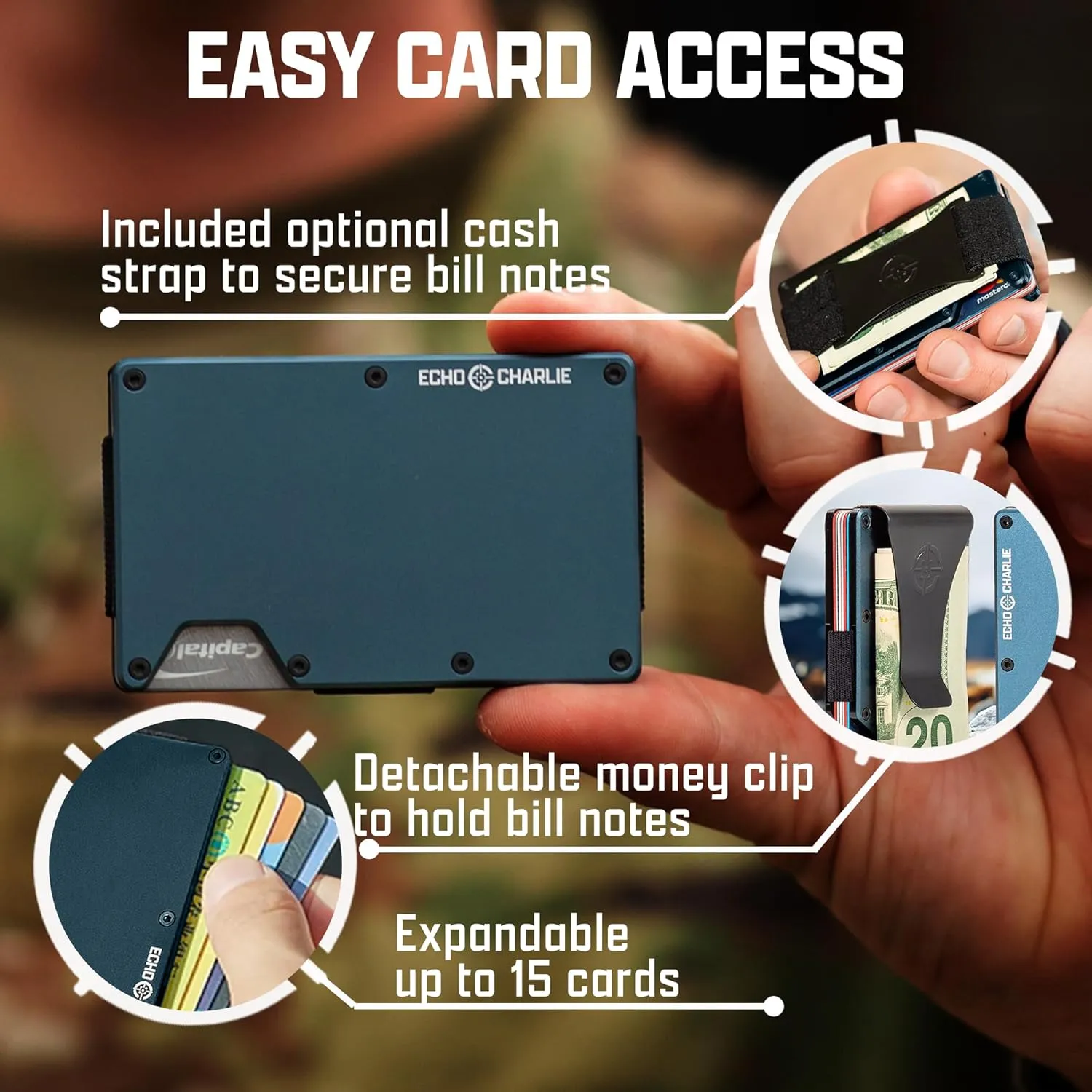 Slim Minimalist Wallet for Men and Women | RFID Blocking Front Pocket Metal Wallet Card Holder | with Removable Money Clip and Cash Strap | Aluminum, Cobalt Blue
