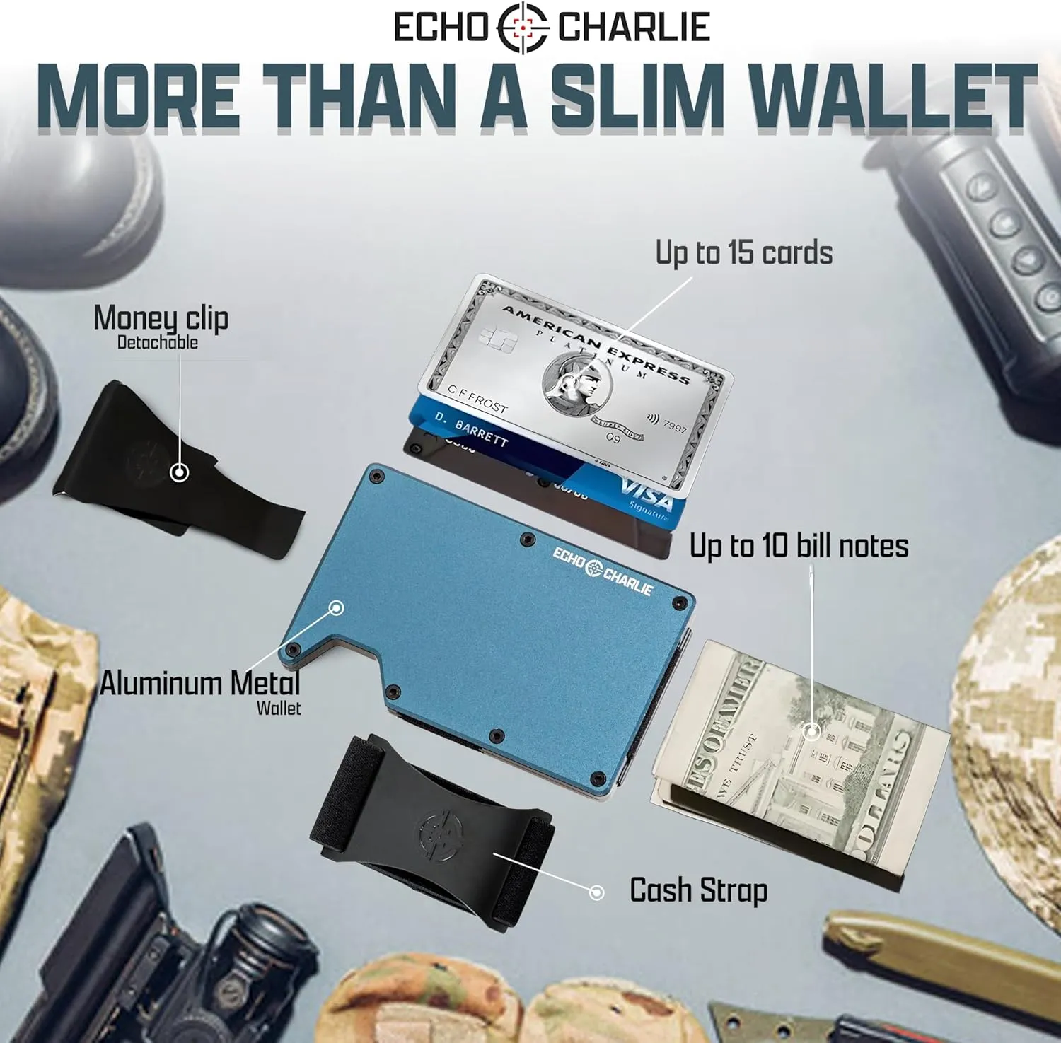 Slim Minimalist Wallet for Men and Women | RFID Blocking Front Pocket Metal Wallet Card Holder | with Removable Money Clip and Cash Strap | Aluminum, Cobalt Blue