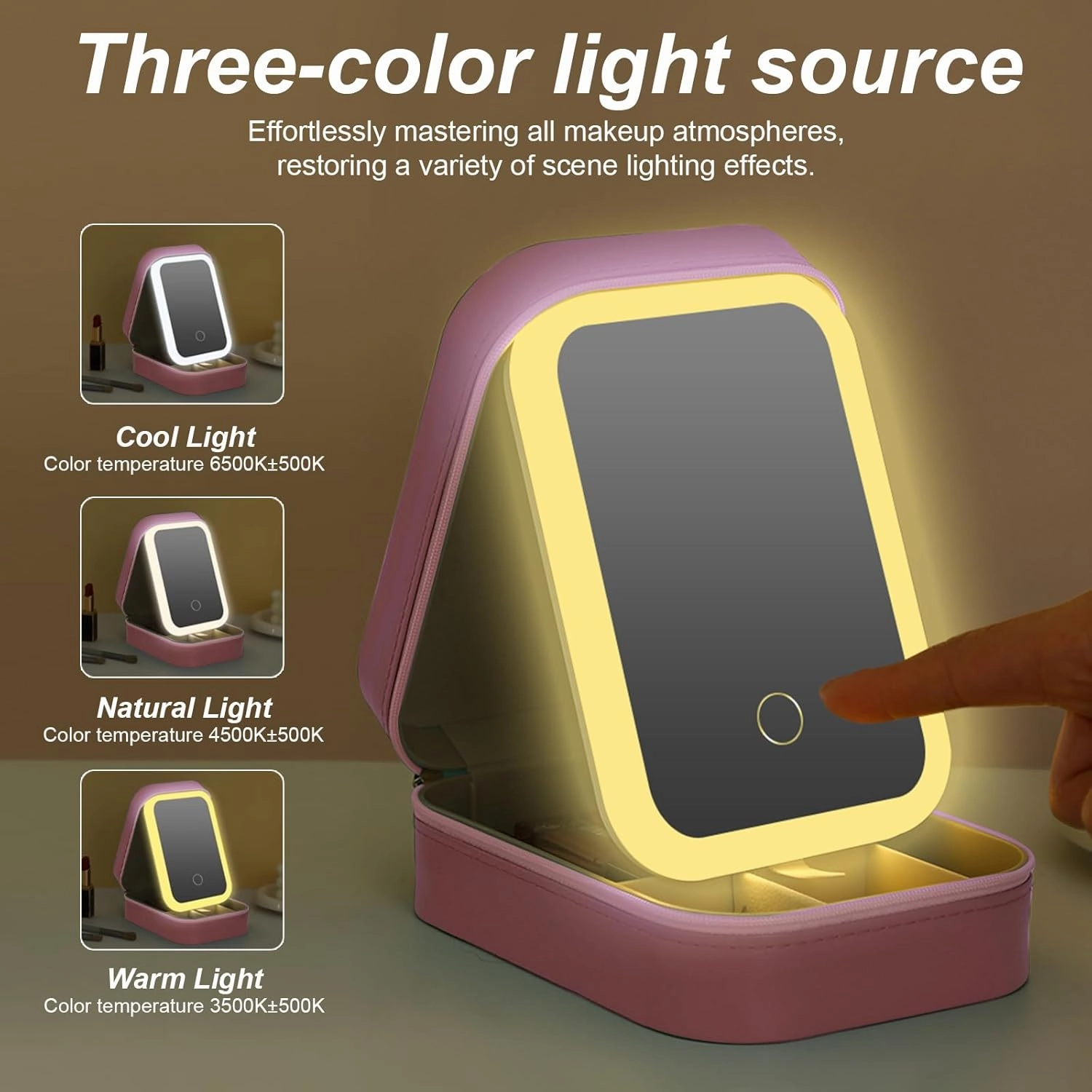 Small Travel LED Makeup Mirror Case with 3 Adjustable Color Light Settings, Dust-Proof Jewelry Box, Mini Cosmetic Train Case Ideal for Short Trips (Pink)