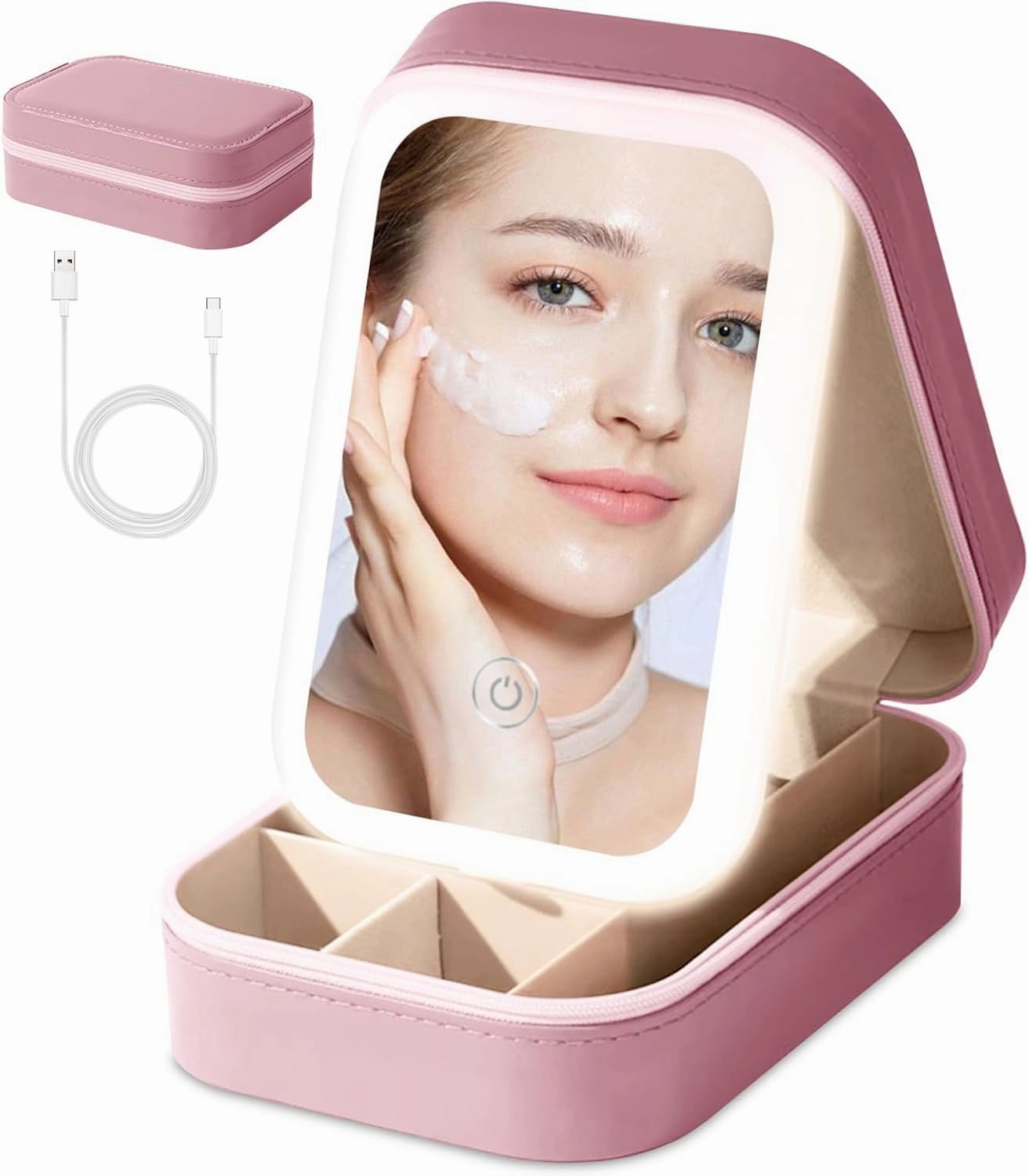 Small Travel LED Makeup Mirror Case with 3 Adjustable Color Light Settings, Dust-Proof Jewelry Box, Mini Cosmetic Train Case Ideal for Short Trips (Pink)