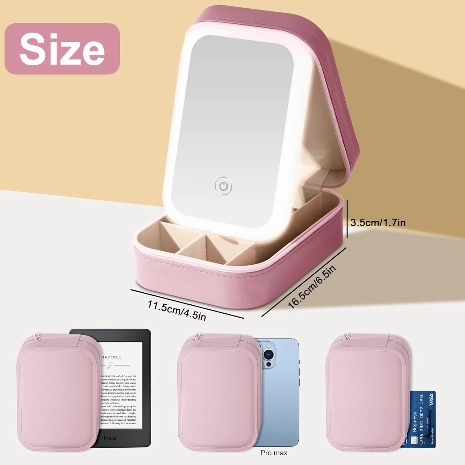 Small Travel LED Makeup Mirror Case with 3 Adjustable Color Light Settings, Dust-Proof Jewelry Box, Mini Cosmetic Train Case Ideal for Short Trips (Pink)