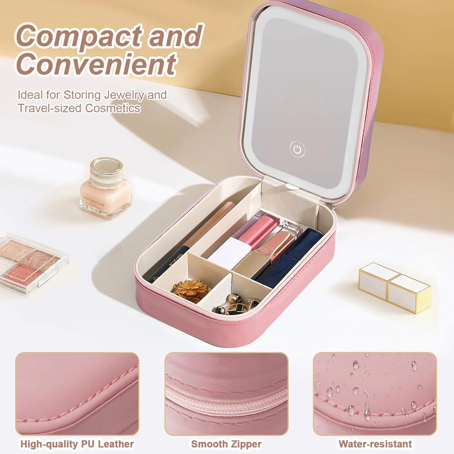 Small Travel LED Makeup Mirror Case with 3 Adjustable Color Light Settings, Dust-Proof Jewelry Box, Mini Cosmetic Train Case Ideal for Short Trips (Pink)