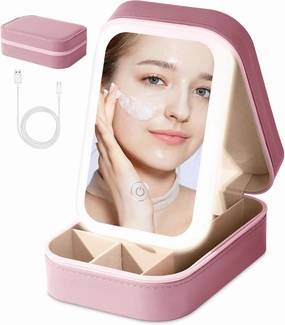 Small Travel LED Makeup Mirror Case with 3 Adjustable Color Light Settings, Dust-Proof Jewelry Box, Mini Cosmetic Train Case Ideal for Short Trips (Pink)
