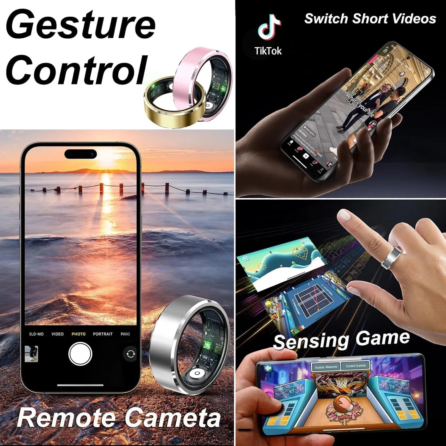 Smart Ring Fitness Tracker Heart Rate Monitor Sleep Tracker Gesture Control Fitness Rings Blood Pressure Pedometer Calories Step Counter Waterproof Health Smart Rings for Women Men with Charging Case
