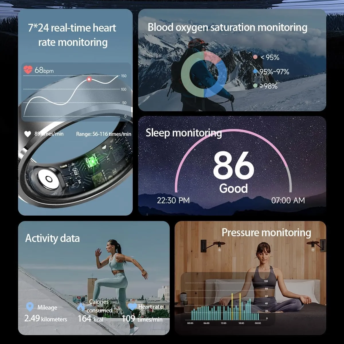 Smart Ring Fitness Tracker Heart Rate Monitor Sleep Tracker Gesture Control Fitness Rings Blood Pressure Pedometer Calories Step Counter Waterproof Health Smart Rings for Women Men with Charging Case