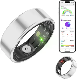Smart Ring Health Tracker,Sleep Fitness Tracker Ring with Heart Rate,Blood Oxygen,Distance,Calories Monitoring,IP68 Waterproof Compatible with iOS/Android(Silver,9)