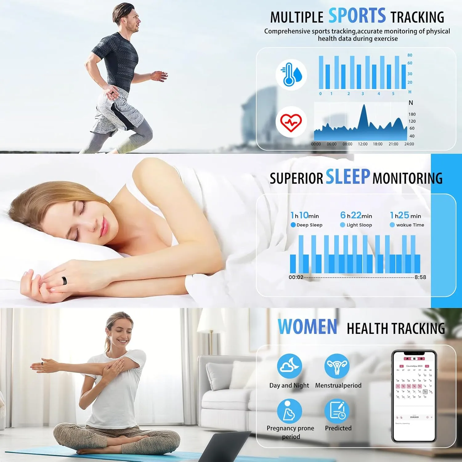 Smart Ring, Smart Health Ring for Women Men, Smart Ring Fitness Tracker, Health&Sleep Tracker,IP68 Waterproof,Remote Camera Control,No App Fee for Standard Features, for iPhone & Android(Black, 11#)