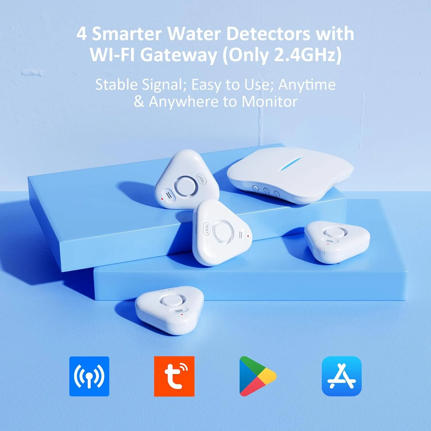 Smart Water Leak Detectors for Home WiFi with App Alerts, Stechro Ajustable 120dB Water Sensor Alarm Leak Detector for Basements Sink Kitchen Laundry, 4 Water Sensors & 1 Rechargeable Gateway