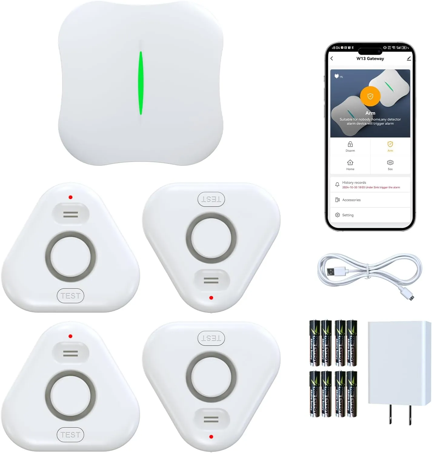 Smart Water Leak Detectors for Home WiFi with App Alerts, Stechro Ajustable 120dB Water Sensor Alarm Leak Detector for Basements Sink Kitchen Laundry, 4 Water Sensors & 1 Rechargeable Gateway