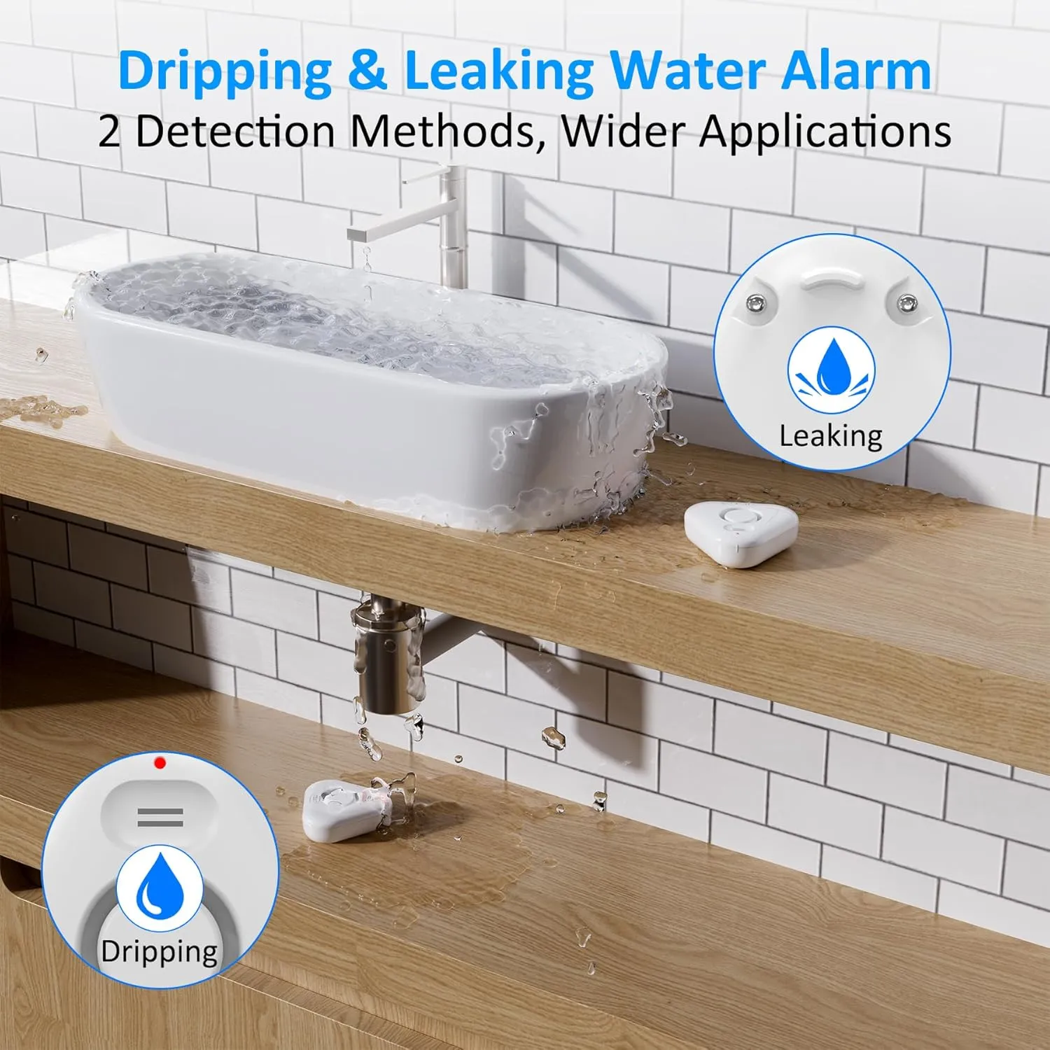 Smart Water Leak Detectors for Home WiFi with App Alerts, Stechro Ajustable 120dB Water Sensor Alarm Leak Detector for Basements Sink Kitchen Laundry, 4 Water Sensors & 1 Rechargeable Gateway