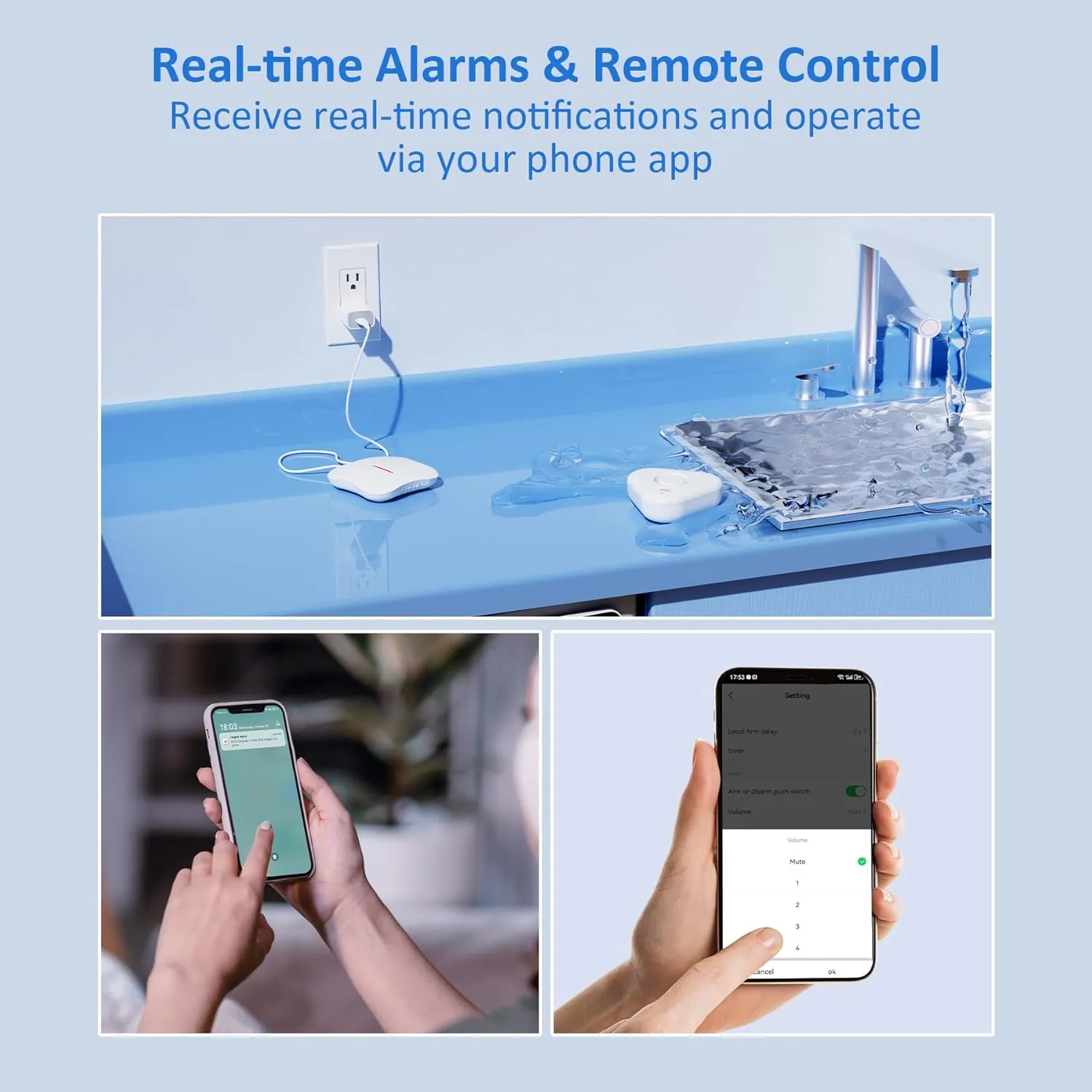 Smart Water Leak Detectors for Home WiFi with App Alerts, Stechro Ajustable 120dB Water Sensor Alarm Leak Detector for Basements Sink Kitchen Laundry, 4 Water Sensors & 1 Rechargeable Gateway