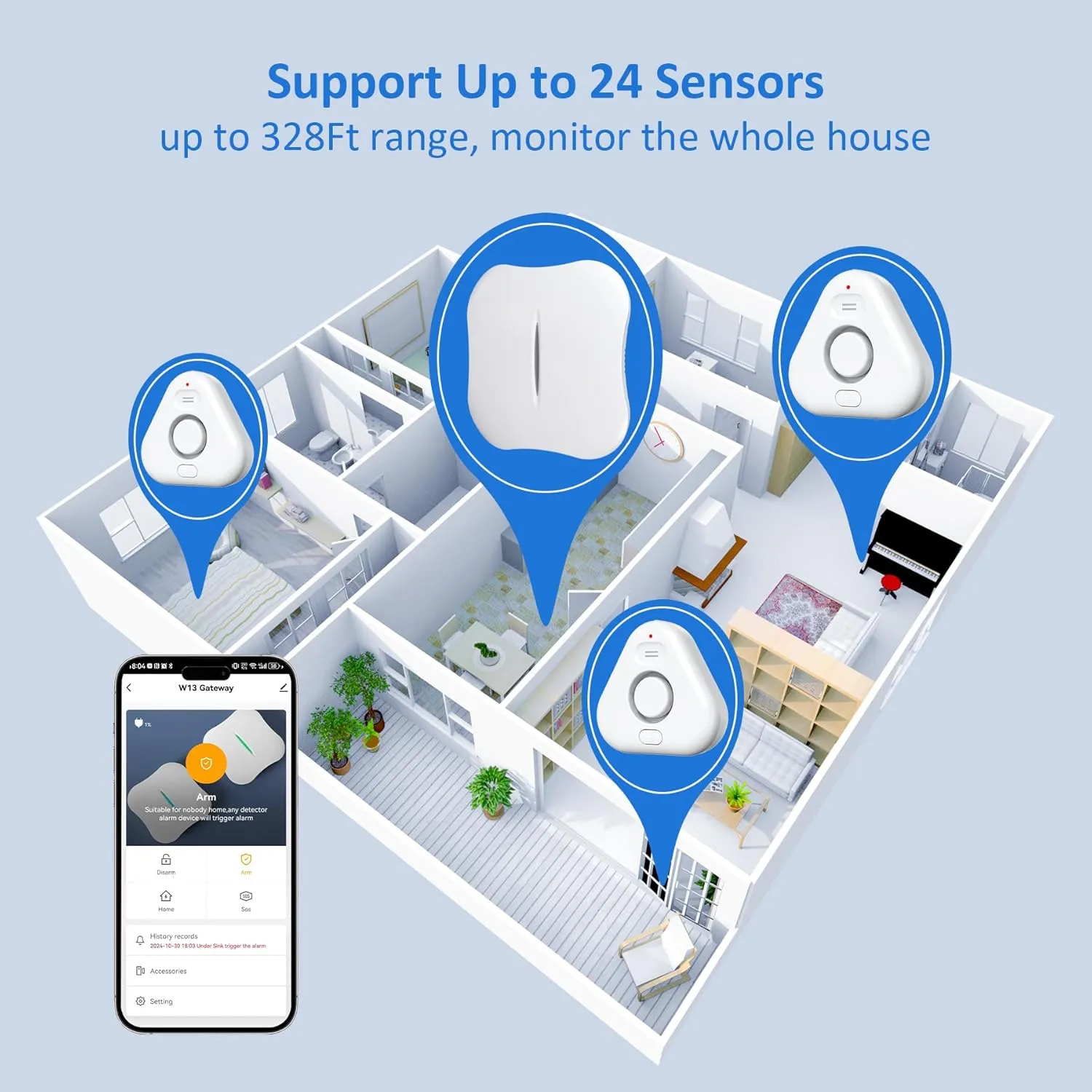 Smart Water Leak Detectors for Home WiFi with App Alerts, Stechro Ajustable 120dB Water Sensor Alarm Leak Detector for Basements Sink Kitchen Laundry, 4 Water Sensors & 1 Rechargeable Gateway
