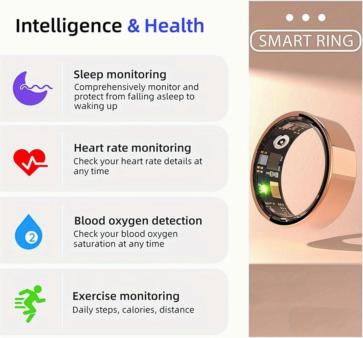 Smart Health Rings for Women Men,Fitness Monitor with Blood Oxygen,Heart Rate,Blood Pressure Tracking,Sleep Tracker,IP68 Waterproof,No Subscription Fee Smart Ring for iphone&Android (Rose Gold, #7)