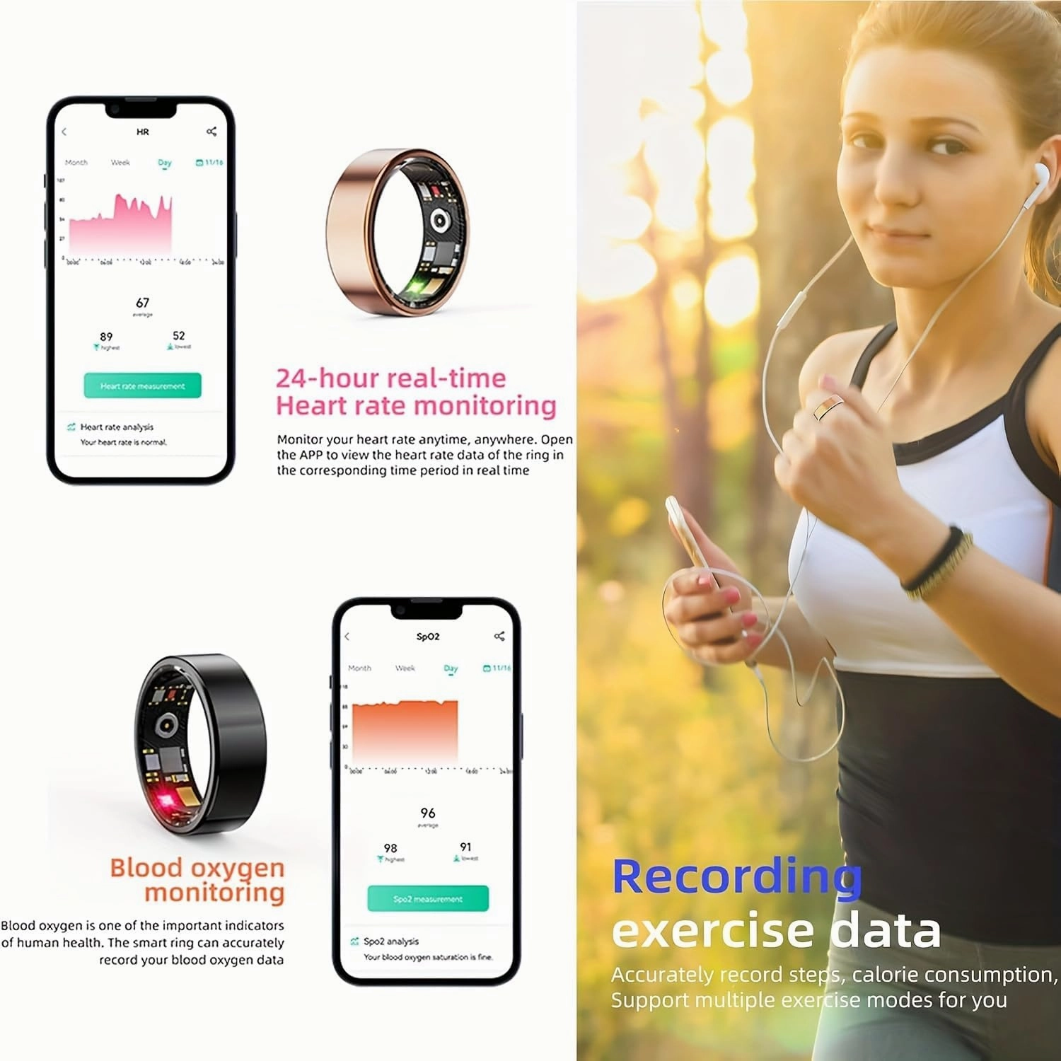 Smart Health Rings for Women Men,Fitness Monitor with Blood Oxygen,Heart Rate,Blood Pressure Tracking,Sleep Tracker,IP68 Waterproof,No Subscription Fee Smart Ring for iphone&Android (Rose Gold, #7)