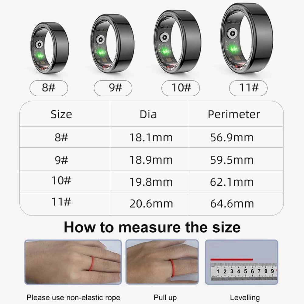 Smart Ring Fitness Tracker Health Rings Heart Rate Monitor Sleep Ring Blood Oxygen Pedometer Calories Step Counter Waterproof Fitness Ring, US-10, black