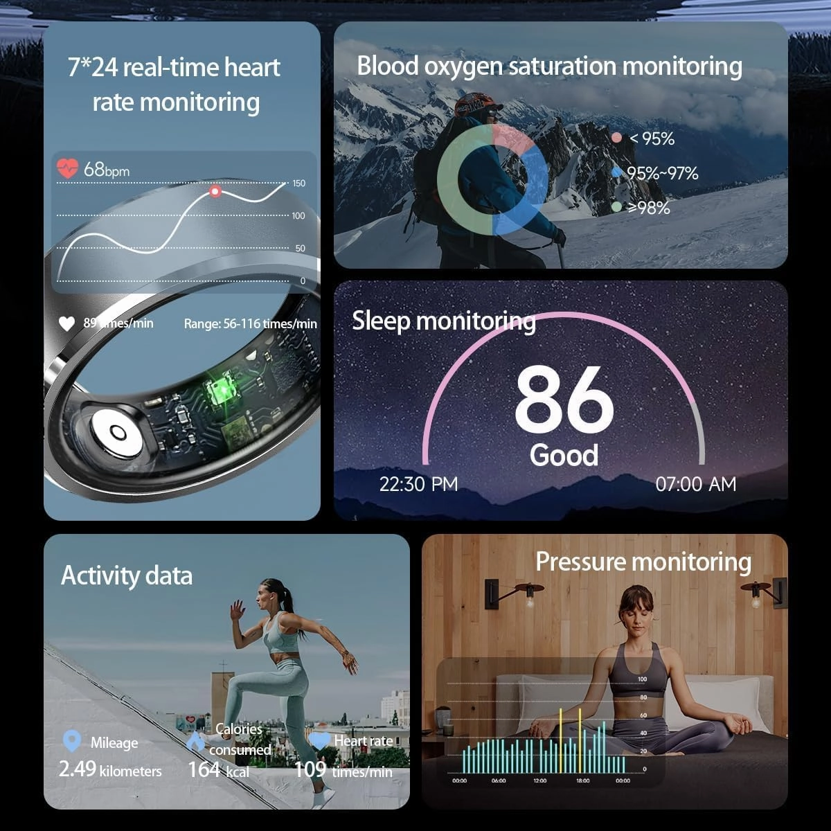 Smart Ring Fitness Tracker Heart Rate Monitor Sleep Tracker Gesture Control Fitness Rings Blood Pressure Pedometer Calories Step Counter Waterproof Health Smart Rings for Women Men with Charging Case