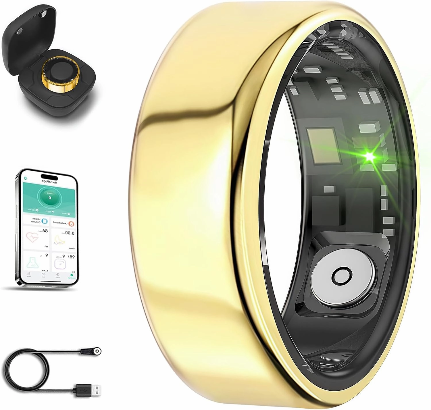 Smart Ring for Men Women with Black Charging Box, Bluetooth, Health Ring , IP68 Waterproof, Fitness Ring Tracks Heart Rate/Sleep/Steps/Sports Activities/Blood Oxygen,non-subscription app (Gold, 10)