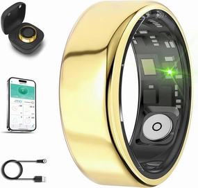 Smart Ring for Men Women with Black Charging Box, Bluetooth, Health Ring , IP68 Waterproof, Fitness Ring Tracks Heart Rate/Sleep/Steps/Sports Activities/Blood Oxygen,non-subscription app (Gold, 10)