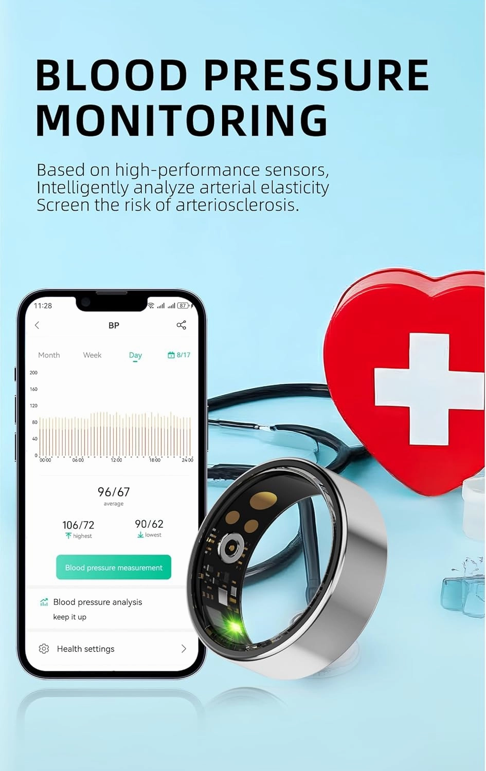 Smart Ring Health & Fitness Tracker for Men & Women, Heart Rate, Blood Oxygen & Blood Pressure Monitor, Sleep Tracker, Step & Calorie Counter, IP68 Waterproof, iOS & Android Compatible (Black, 9)