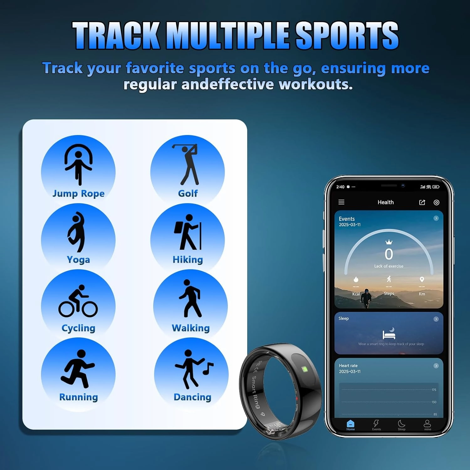Smart Ring, Health Rings for Women & Men, Smart Ring Health Tracker with Heart Rate, Blood Oxygen, Blood Pressure, Sleep & Step Tracking, IP68 Waterproof, No Subscription Fee (Black, 9#)