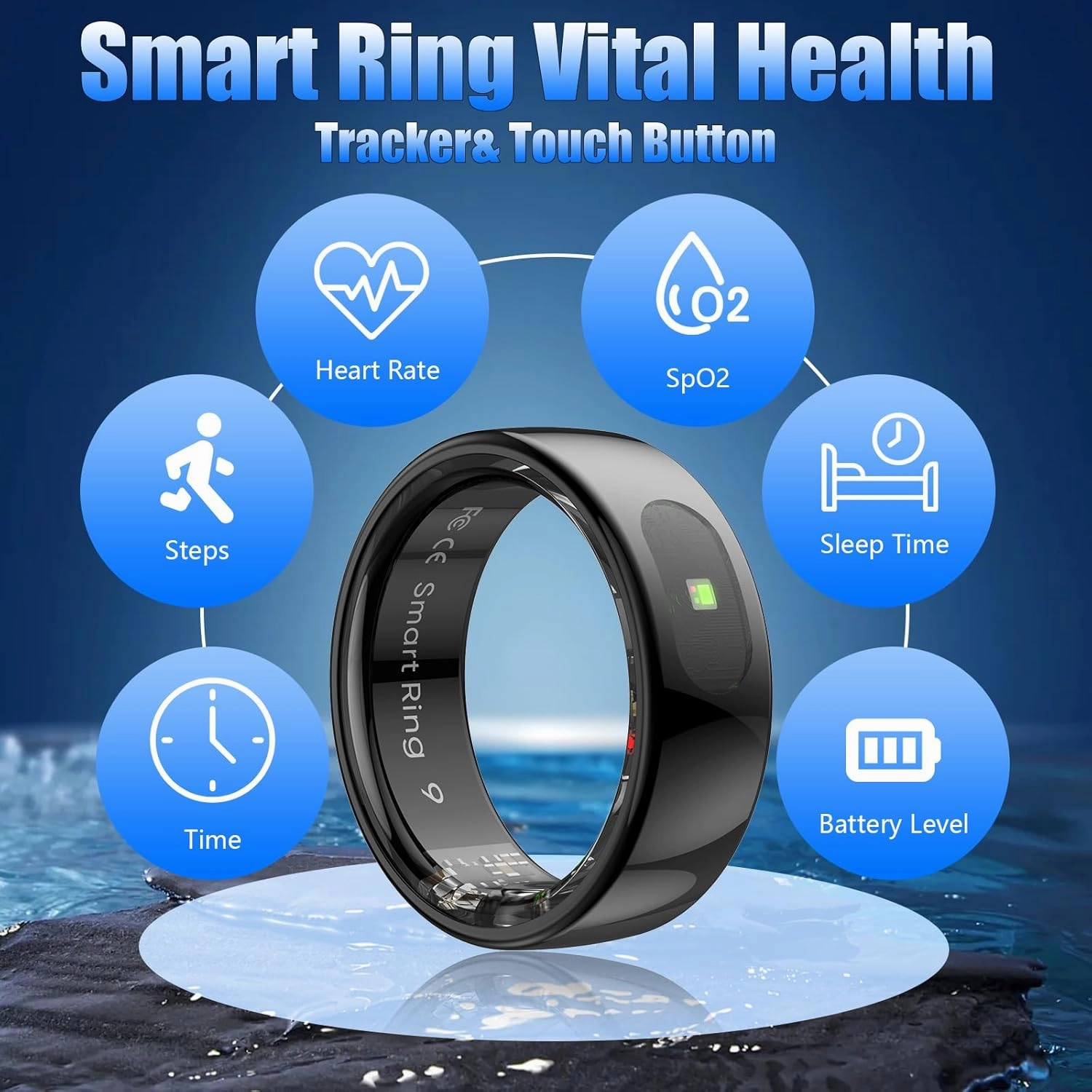 Smart Ring, Health Rings for Women & Men, Smart Ring Health Tracker with Heart Rate, Blood Oxygen, Blood Pressure, Sleep & Step Tracking, IP68 Waterproof, No Subscription Fee (Black, 9#)
