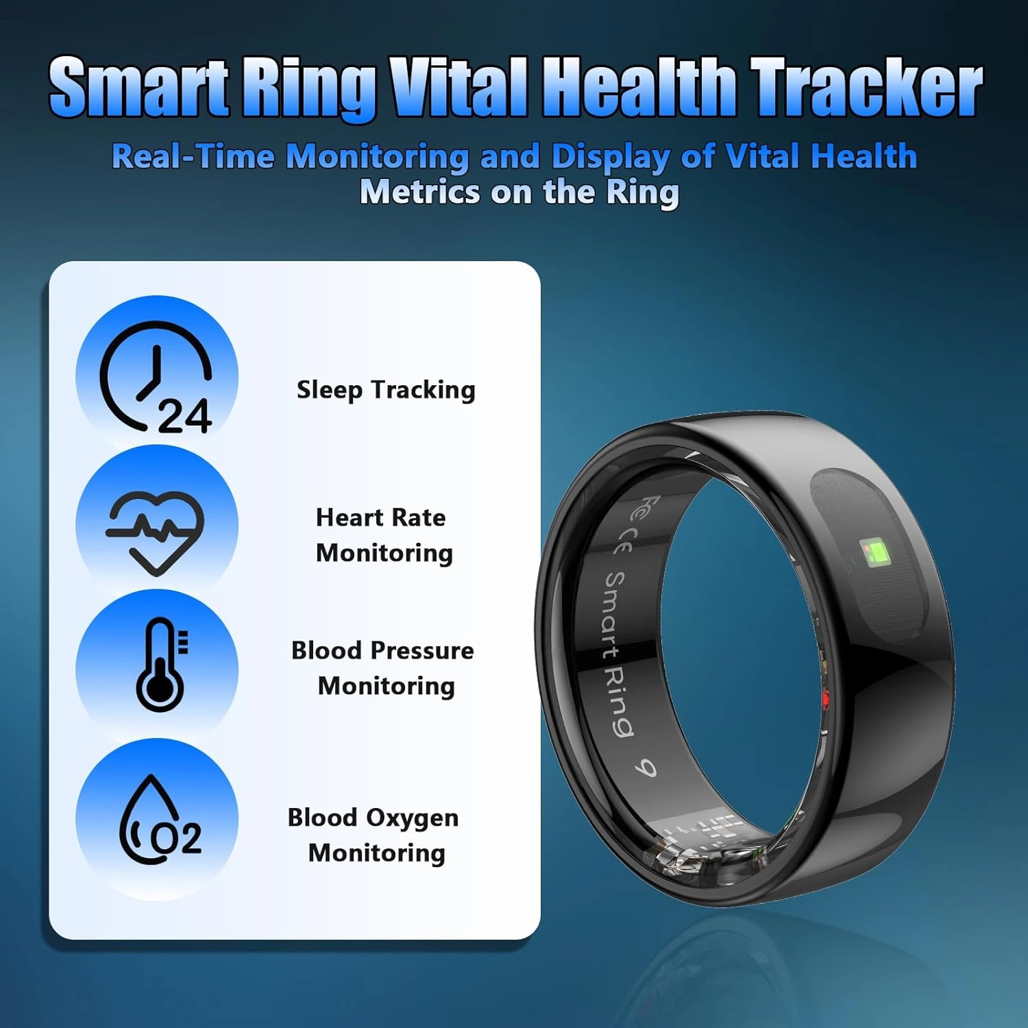 Smart Ring, Health Rings for Women & Men, Smart Ring Health Tracker with Heart Rate, Blood Oxygen, Blood Pressure, Sleep & Step Tracking, IP68 Waterproof, No Subscription Fee (Black, 9#)