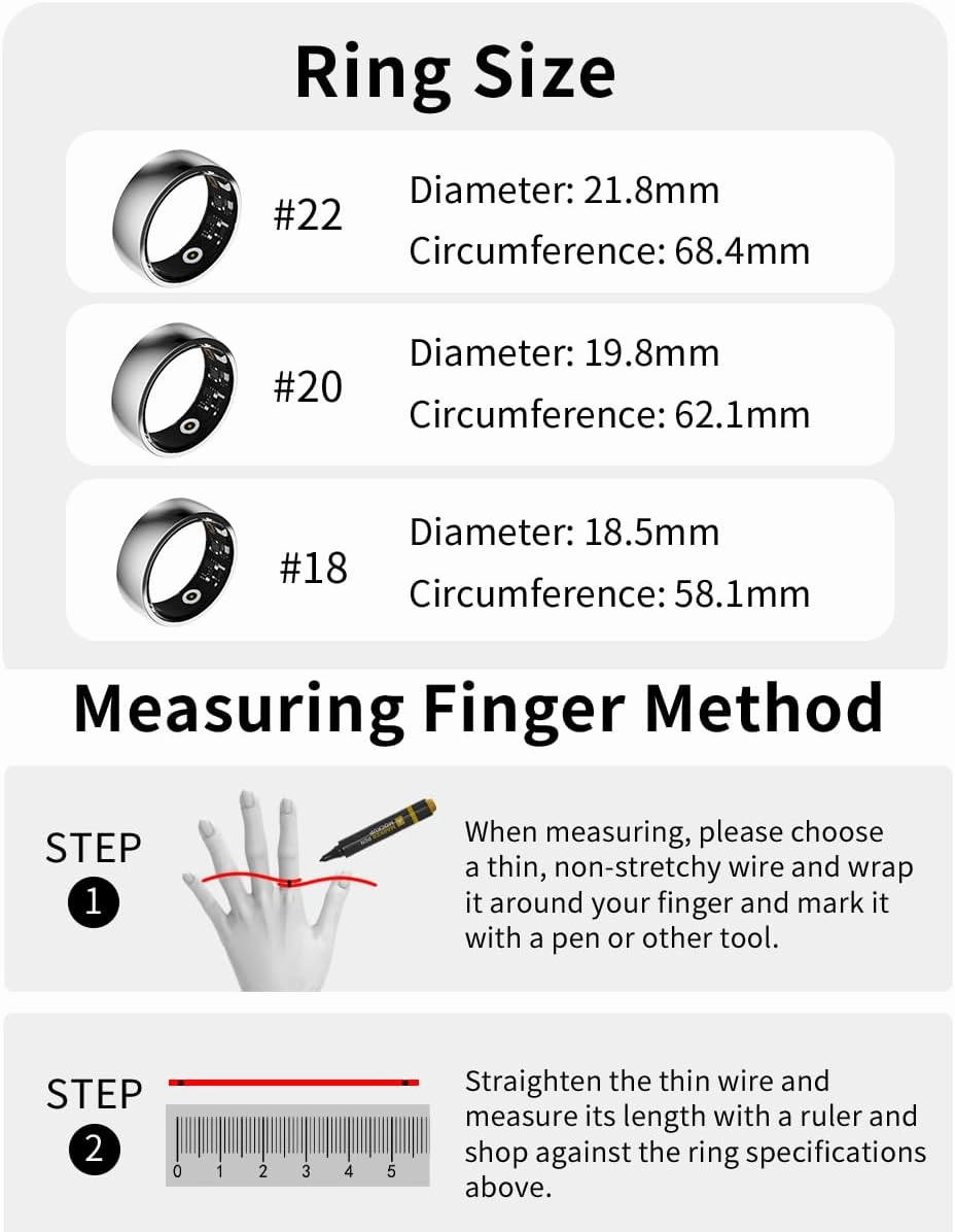 Smart Ring Heart Rate Monitor Fitness Ring Blood Pressure Sleep Tracker Fitness Tracker Pedometer Calories Step Counter Waterproof Smart Rings for Men Women with Charging Case