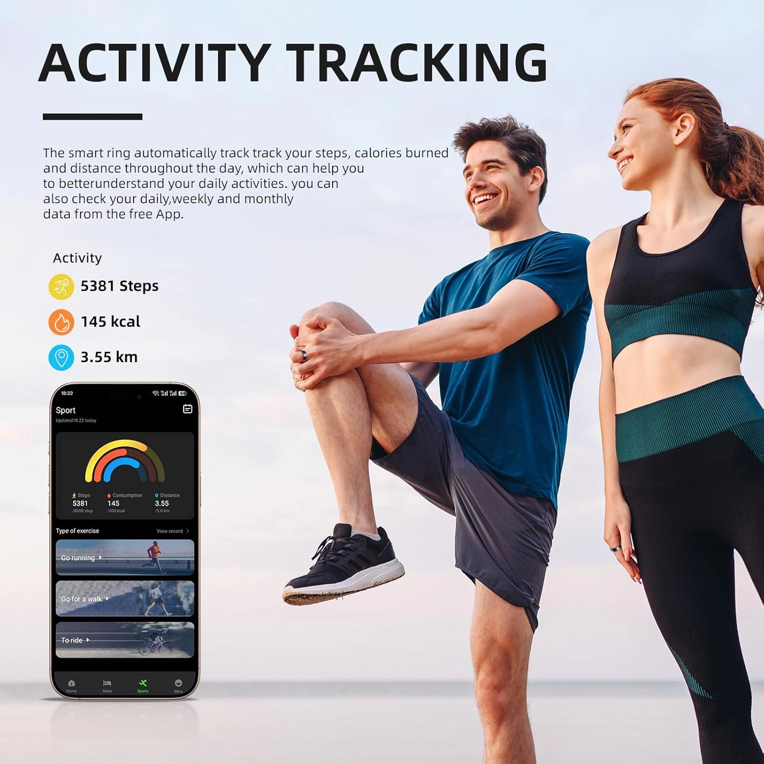 Smart Ring Pro, Fitness Tracker with Heart Rate, Blood Pressure, Stress, Sleep Tracking, Step Tracking, 10ATM Waterproof, Smart Ring for iPhone and Android (Black 2.0, 12)