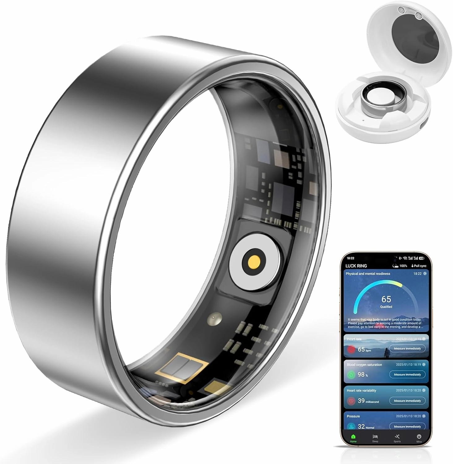 Smart Ring Pro, Fitness Tracker with Heart Rate, Blood Pressure, Stress, Sleep Tracking, Step Tracking, 10ATM Waterproof, Smart Ring for iPhone and Android (Silver 2.0, 9)