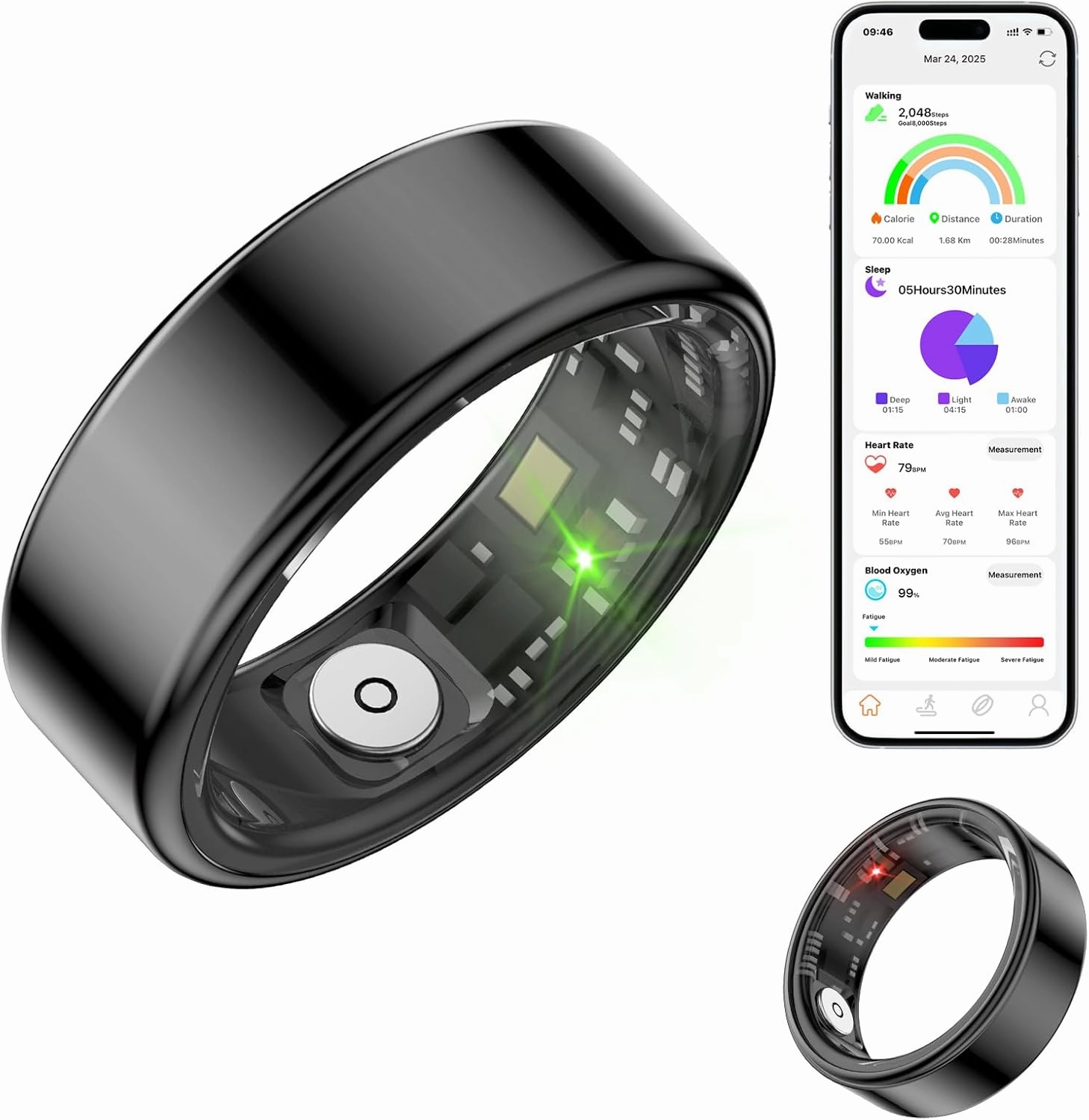 Smart Ring Sleep Tracker,Fitness Tracker with Heart Rate/Blood Oxygen/Activity Monitoring/Air Gestures/Remote Photograph,IP68 Waterproof Suit for iOS/Android(Black,8)