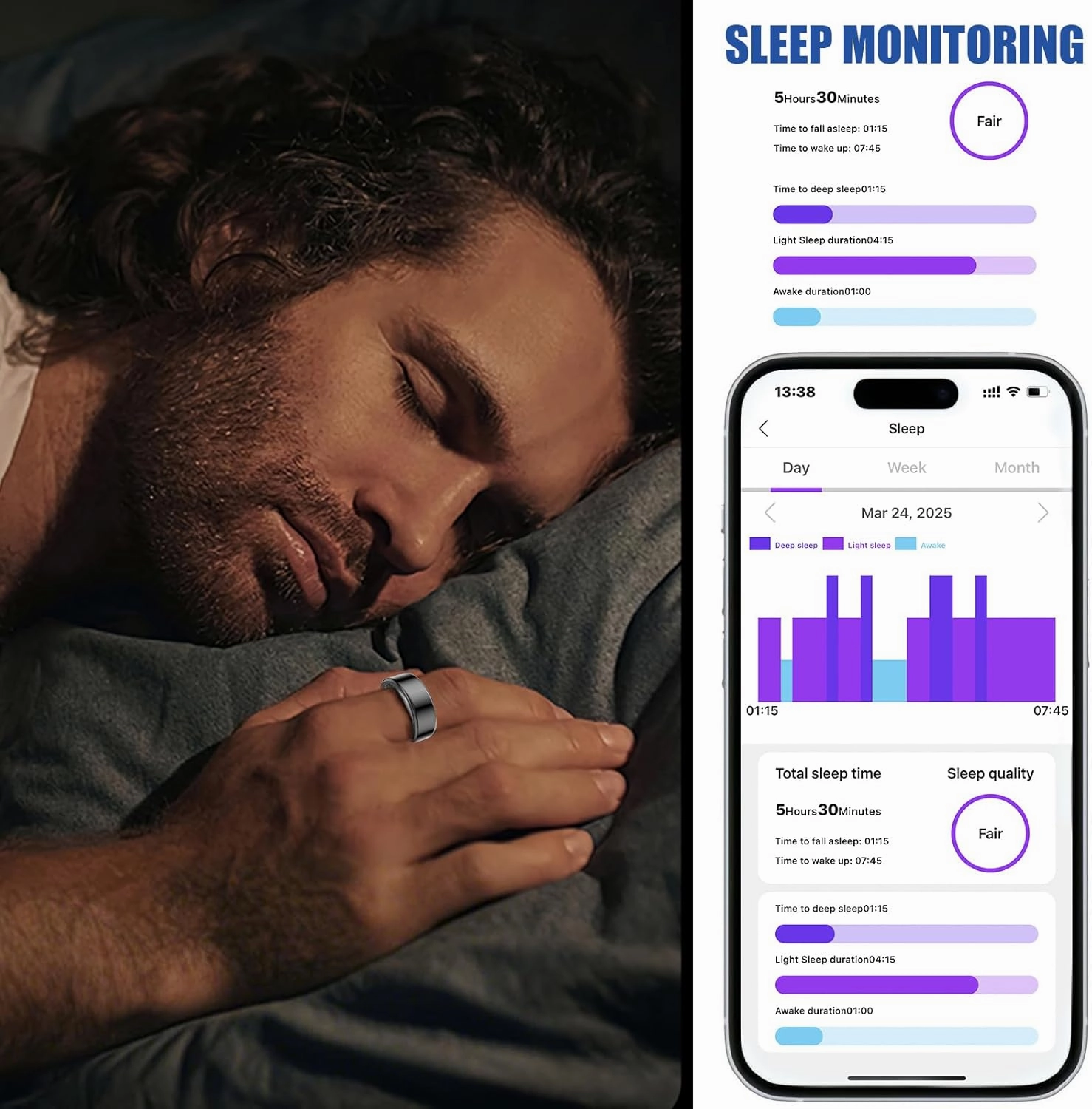 Smart Ring Sleep Tracker,Fitness Tracker with Heart Rate/Blood Oxygen/Activity Monitoring/Air Gestures/Remote Photograph,IP68 Waterproof Suit for iOS/Android(Black,8)