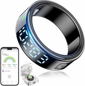 Smart Rings for Women Men, Fitness Tracker Ring with LED Display Screen, IP68 Waterproof Fitness Ring with Sleep Tracker/Heart Rate/Blood/Oxyge, Charging case (Black, 11)