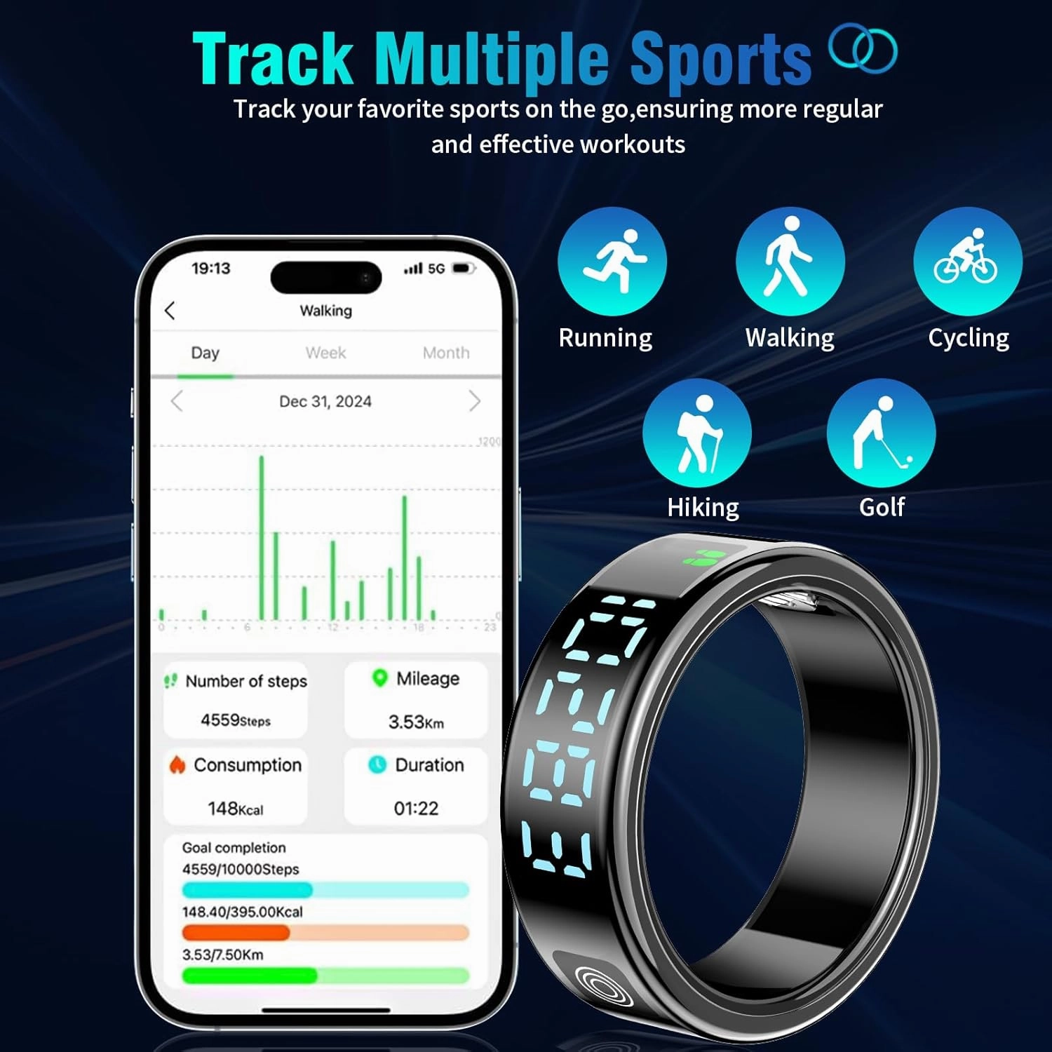 Smart Rings for Women Men, Fitness Tracker Ring with LED Display Screen, IP68 Waterproof Fitness Ring with Sleep Tracker/Heart Rate/Blood/Oxyge, Charging case (Black, 11)