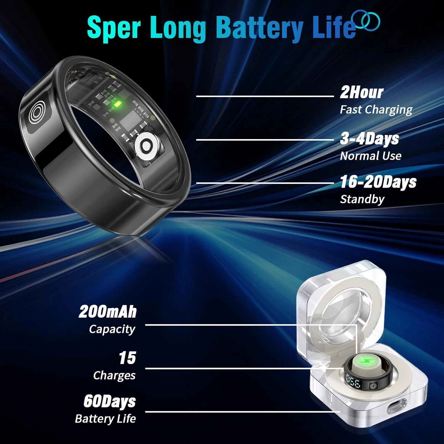 Smart Rings for Women Men, Fitness Tracker Ring with LED Display Screen, IP68 Waterproof Fitness Ring with Sleep Tracker/Heart Rate/Blood/Oxyge, Charging case (Black, 11)