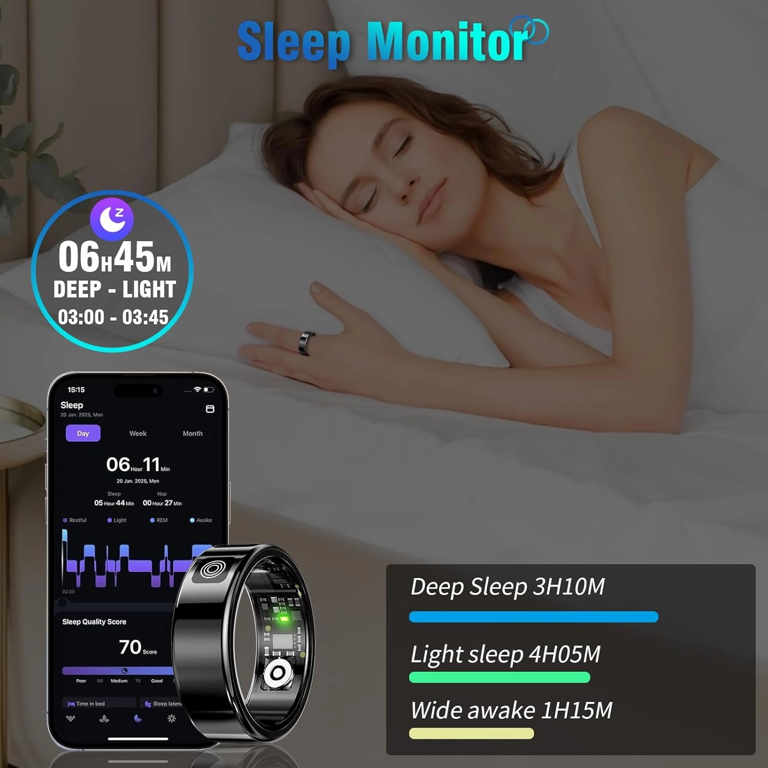 Smart Rings for Women Men, Fitness Tracker Ring with LED Display Screen, IP68 Waterproof Fitness Ring with Sleep Tracker/Heart Rate/Blood/Oxyge, Charging case (Black, 11)