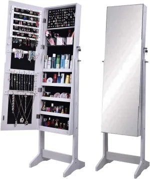 SogesGame Jewelry Cabinet Lockable with Storage Shelf, Jewellery Armoire with Full-Length Mirror, Adjustable Jewellery Organizers and Storage,(White)