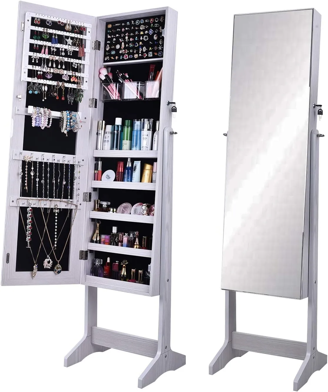 SogesGame Jewelry Cabinet Lockable with Storage Shelf, Jewellery Armoire with Full-Length Mirror, Adjustable Jewellery Organizers and Storage,(White)