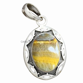 Solid 925 Sterling Silver Pendant for Men Women, Bumble Bee Jasper Oval Gemstone Handcrafted Pendant for Mother's Day Gift