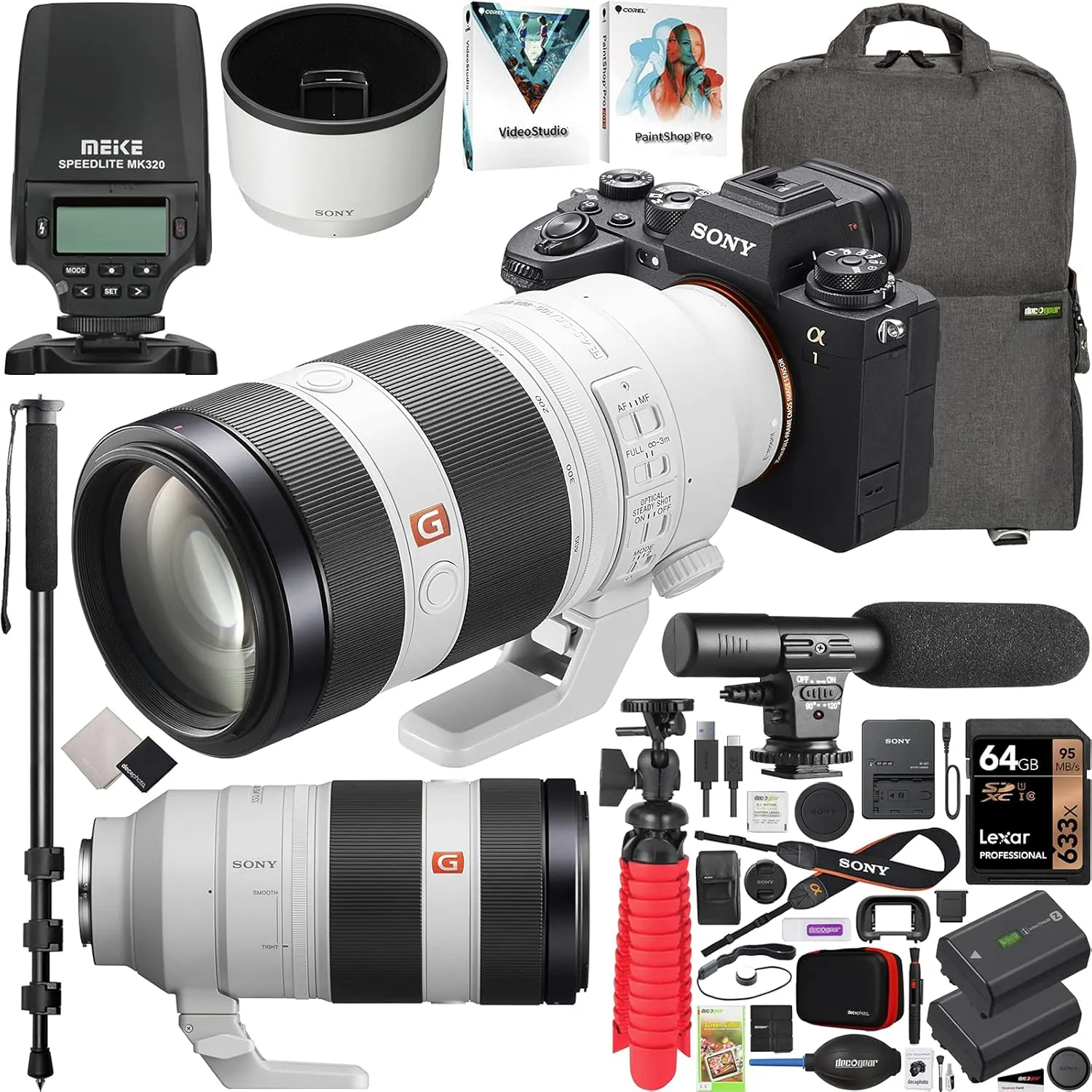 Sony Alpha 1 Full Frame Mirrorless Camera Body   100-400mm F4.5-5.6 GM G Master FE Lens SEL100400GM ILCE-1/B Bundle with Meike TTL Flash Speedlite   Deco Gear Backpack  Microphone and Accessories Kit