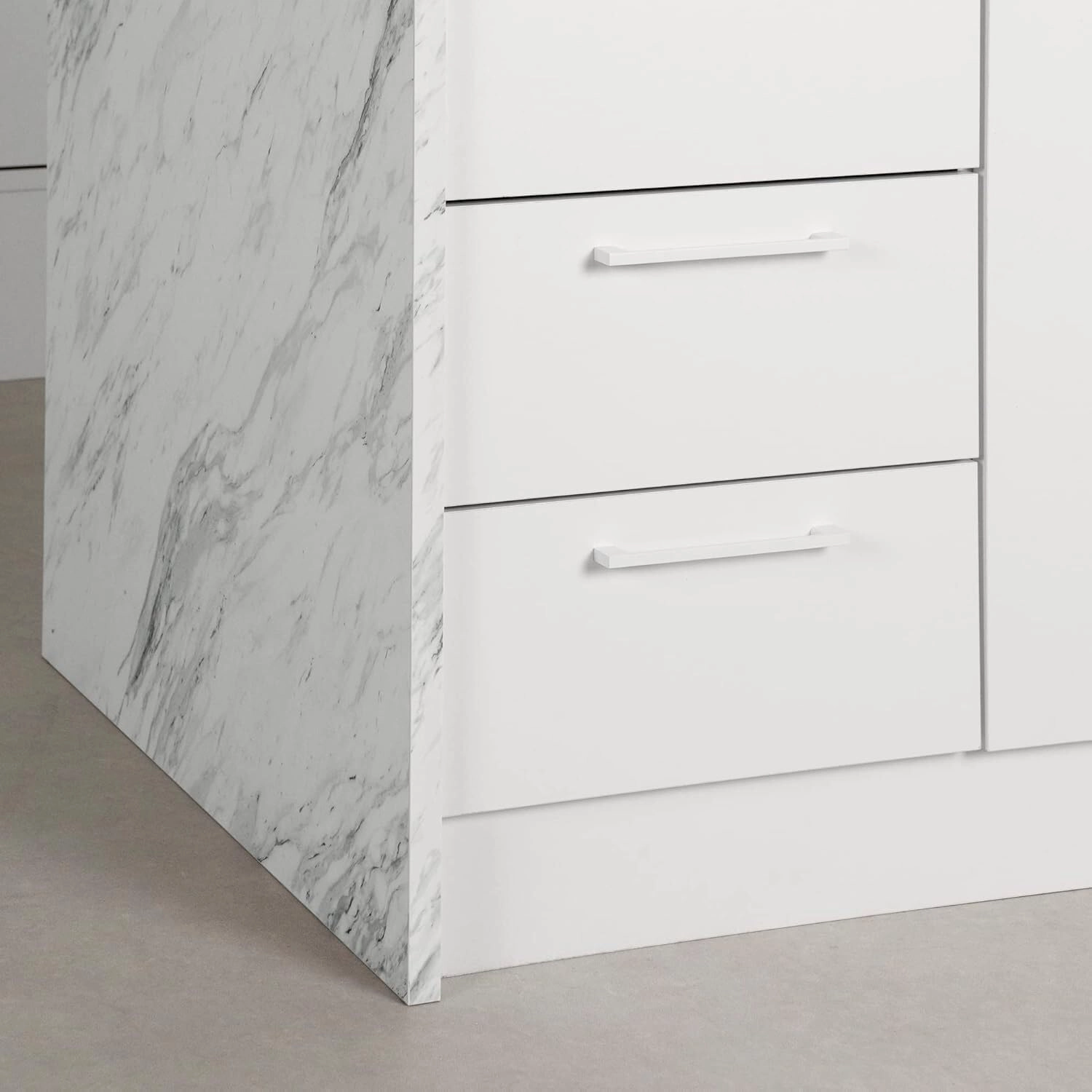 Sophisticated Simplicity Full Size Kitchen Island with Spacious Countertop, Portable Design, Modern Kitchen Furniture, Convenient Storage Drawers White/Faux White Marble Top