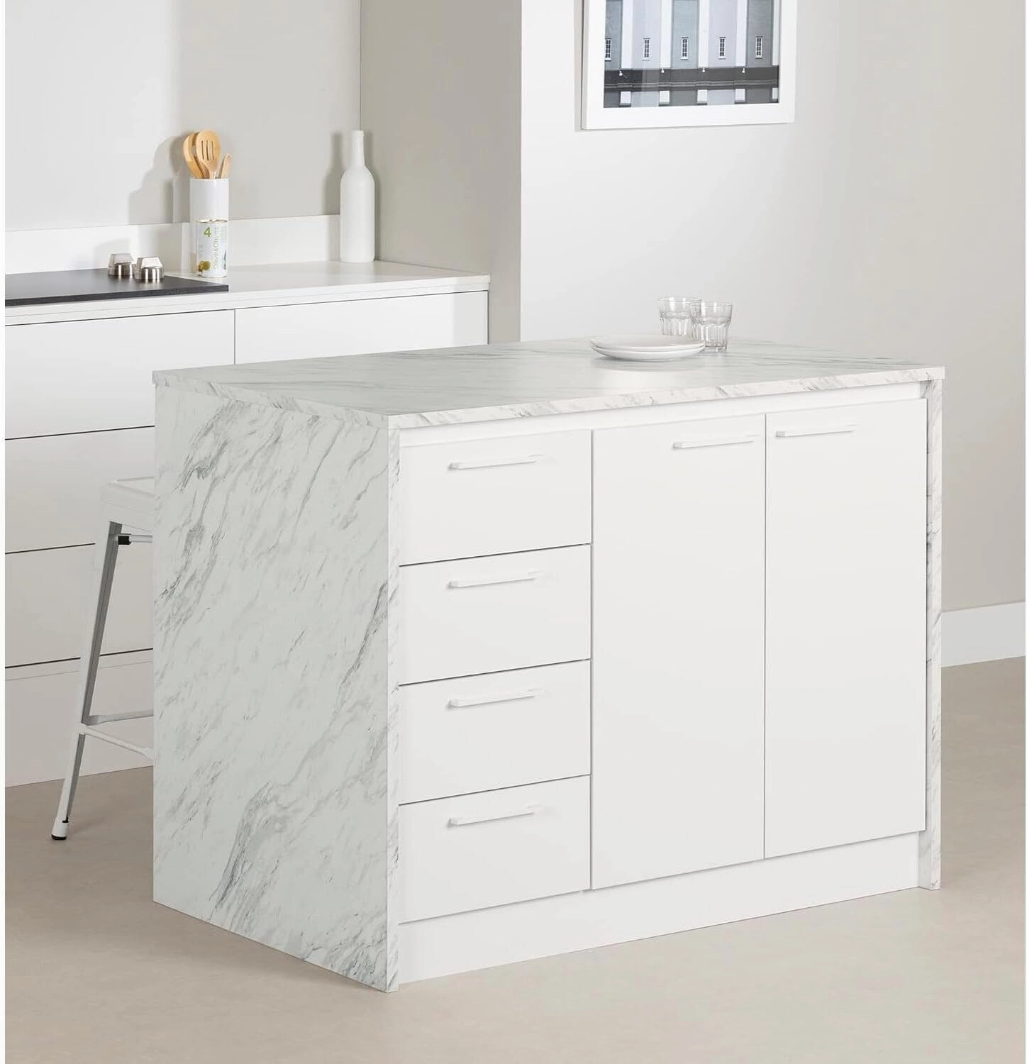 Sophisticated Simplicity Full Size Kitchen Island with Spacious Countertop, Portable Design, Modern Kitchen Furniture, Convenient Storage Drawers White/Faux White Marble Top
