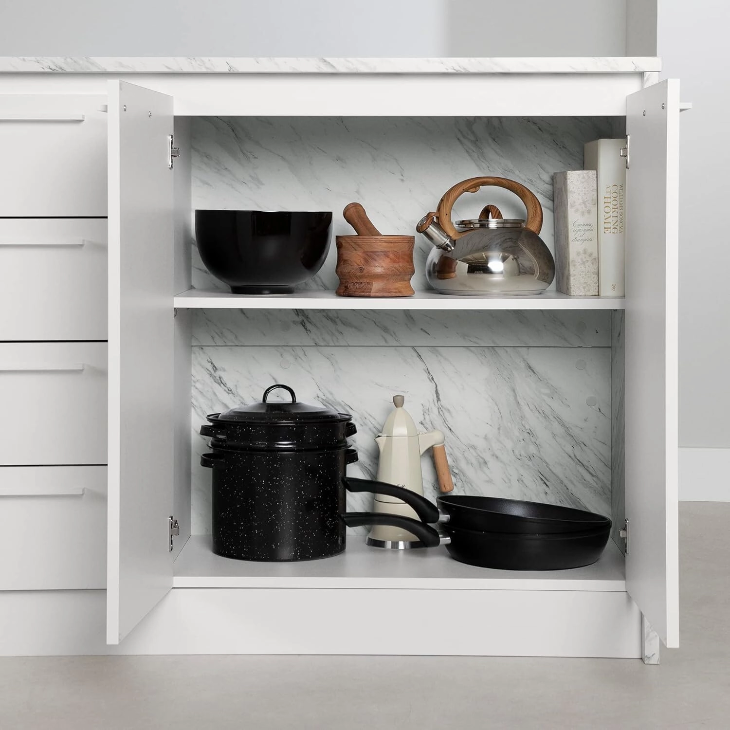 Sophisticated Simplicity Full Size Kitchen Island with Spacious Countertop, Portable Design, Modern Kitchen Furniture, Convenient Storage Drawers White/Faux White Marble Top