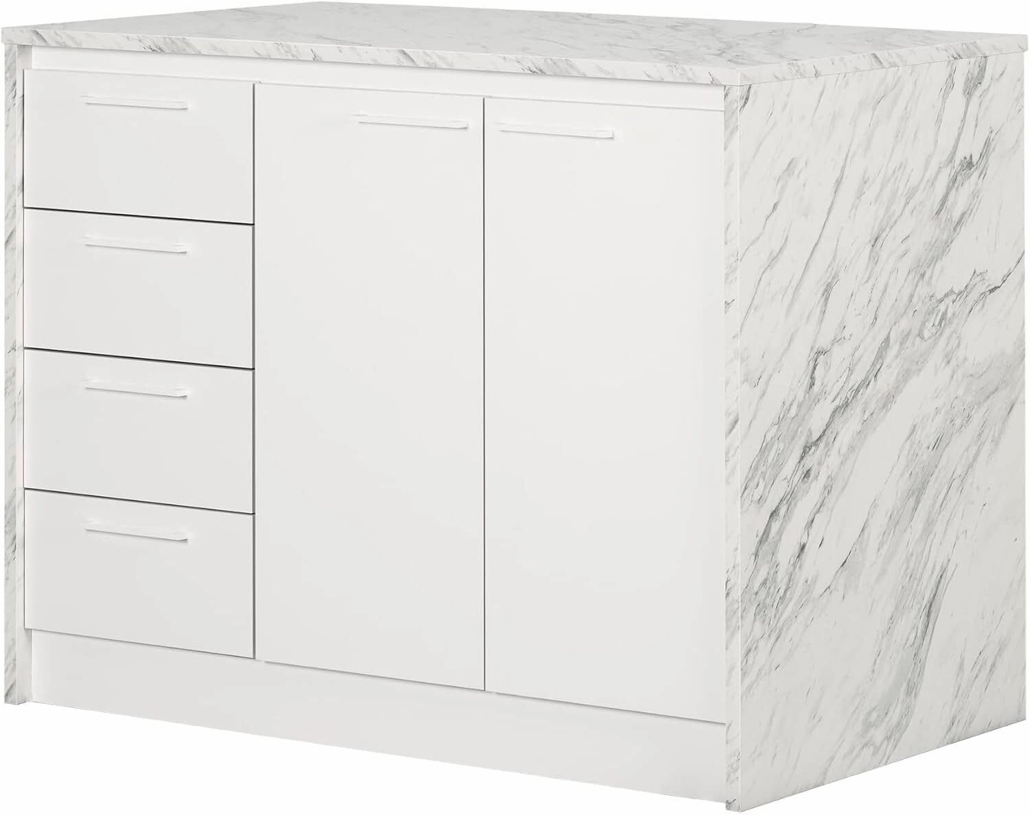 Sophisticated Simplicity Full Size Kitchen Island with Spacious Countertop, Portable Design, Modern Kitchen Furniture, Convenient Storage Drawers White/Faux White Marble Top