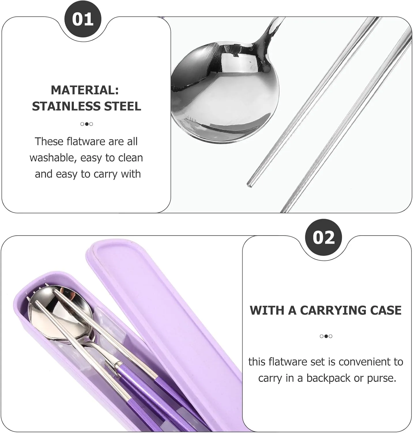 Sosoport Travel Utensil Set With Case 304 Purple Chopsticks Fork Spoon Cutlery Set With Box Reusable Stainless Steel Silverware Set Metal Flatware Set For Travel Camping 1set