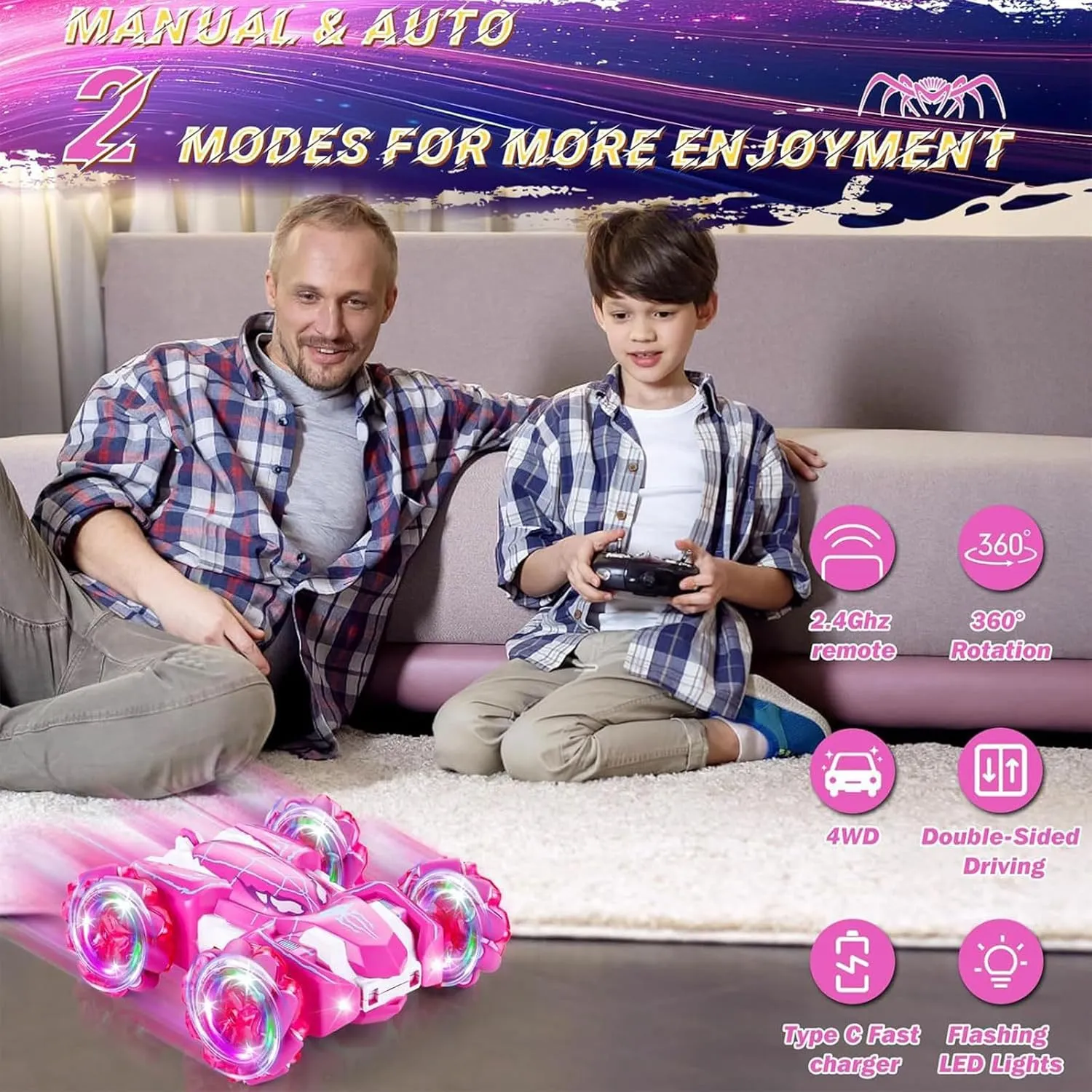 Spider Double Sided 360Rotating USB Direct Charging RC Stunt Car with Cool Lights, 2.4Ghz Drift RC Race Car Toys for 4-12 Boy Girl Kids Gifts (Pink)