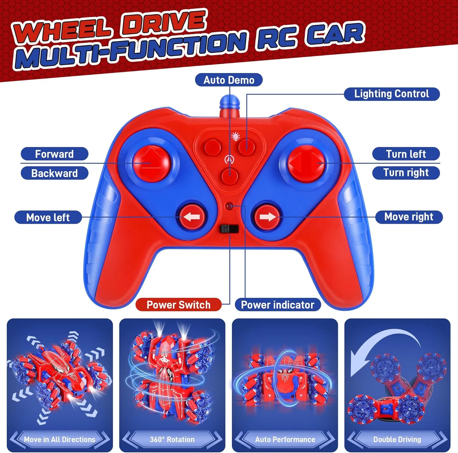 Spider RC Cars for 4 5 6 7 8 Year Old Boys - 2.4Ghz Rechargeable Double Sided Remote Control Stunt Car, 360°Rotating 4WD Off-Road RC Drift Car with Light, Birthday Xmas Gifts for Kids Age 4-6 5-7 8-12