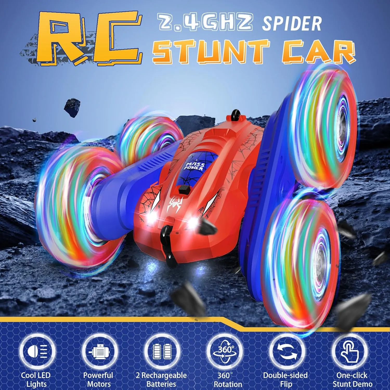 Spider Remote Control Car Rc Cars Toys, Double-Sided Driving 360° Flips 4WD with Bright Lights for Kids, Fun Outdoor Toys Gifts for Kids Boys Birthday or Christmas Age 4 5 6 7 8 9 10 11 12 years old