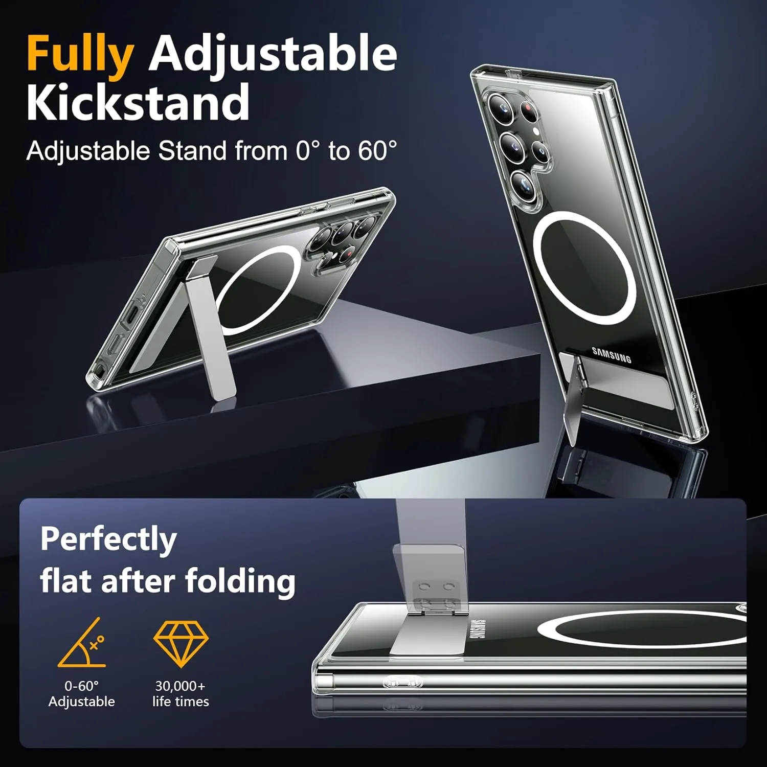 SPIDERCASE Magnetic for Samsung Galaxy S23 Ultra Case, [3 Stand Ways][ Military Grade Drop Protection] with Invisible Stand Shockproof Slim Case for Samsung S23 Ultra 6.8", Clear