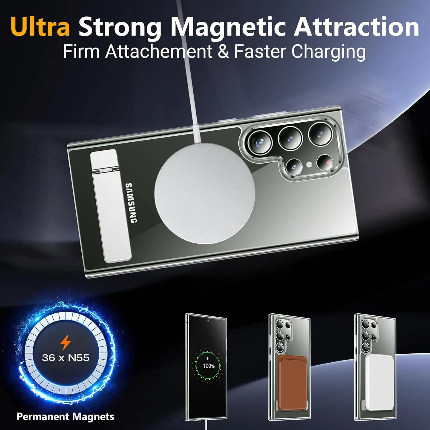 SPIDERCASE Magnetic for Samsung Galaxy S23 Ultra Case, [3 Stand Ways][ Military Grade Drop Protection] with Invisible Stand Shockproof Slim Case for Samsung S23 Ultra 6.8", Clear