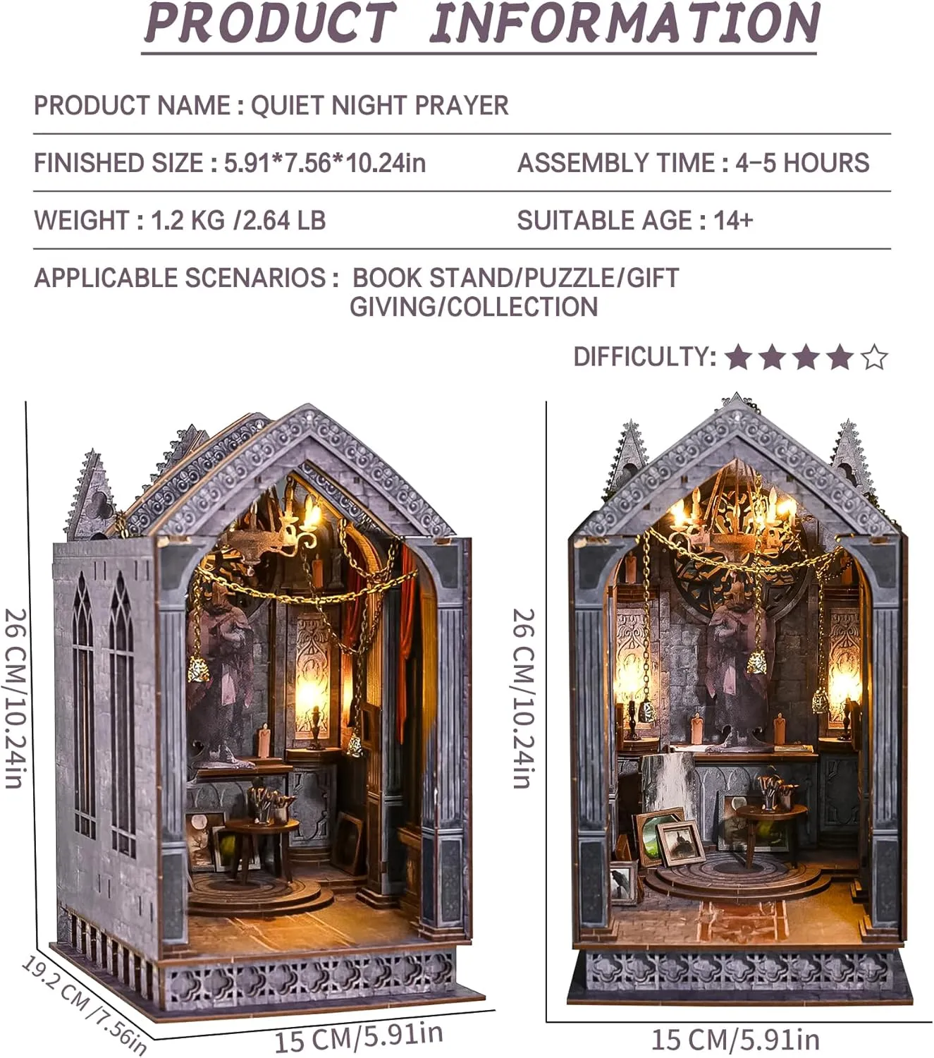 Spilay DIY Book Nook Kit, DIY Dollhouse Booknook Bookshelf Insert Decor Alley, Bookends Model Build-Creativity Kit with & LED for Teens and Adults Gifts (Quiet Night Prayer with LED)